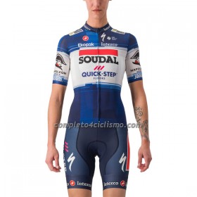 Completo Maglia + Pantaloncino con bretelle 2023 Soudal Quick-Step Manica Corta Blu Bianco Donna